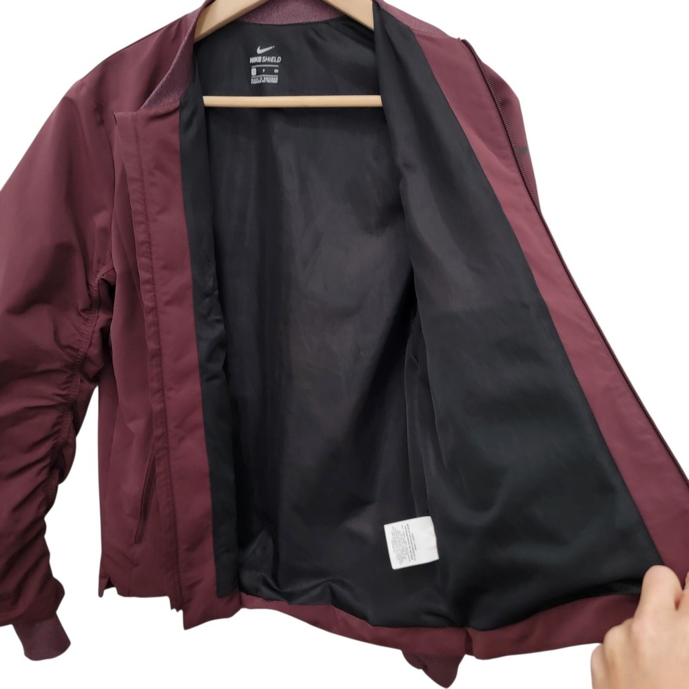 Nike‎ Shield Golf Bomber Jacket Womens Small Burgundy Crush Ruched Sleeves - Picture 7 of 12